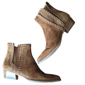 Designer Brown Suede Booties Presley leather Stiched Ankle Boots Luggage sz 7.5
